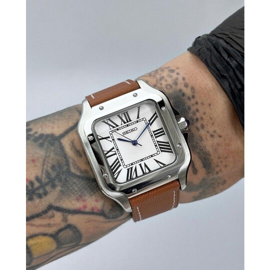 Custom Seiko Mod • 38mm White Santos on Leather Strap • 38mm